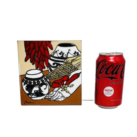 Vtg L Kuhne Chilies Native American Ceramic Tile Trivet Pots Corn Etc Wall Art - Picture 6 of 6